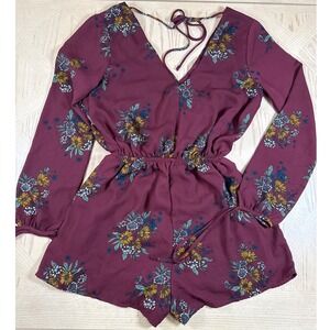 Romantic Fall Floral Short Dress Romper Long Sleeve Y2K V Neck Burgundy Maroon S